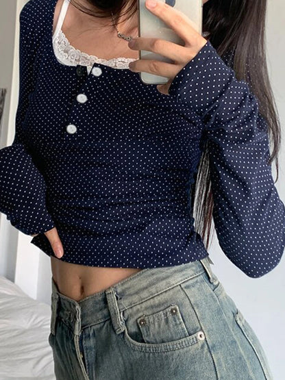 Camiseta de manga larga Y2K con estampado de lunares para mujer, con botones, cuello cuadrado y retazos de encaje en contraste, estilo kawaii japonés de los años 2000