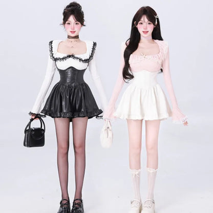 Conjunto de falda de dos piezas Y2K con cuello cuadrado de encaje, top de manga larga, minifalda halter de cintura alta, moda coreana, conjuntos sexys kawaii, nuevo