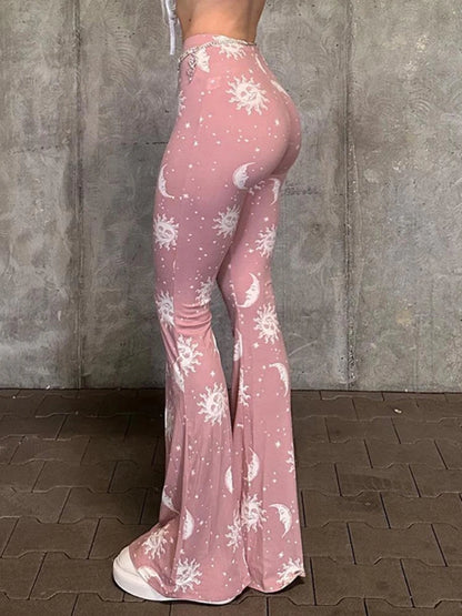 Pantalones rosas de moda de verano para mujer, pantalones casuales ajustados con estampado largo, acampanados, ropa de calle para mujer, pantalones abstractos de patchwork de tiro bajo Y2k