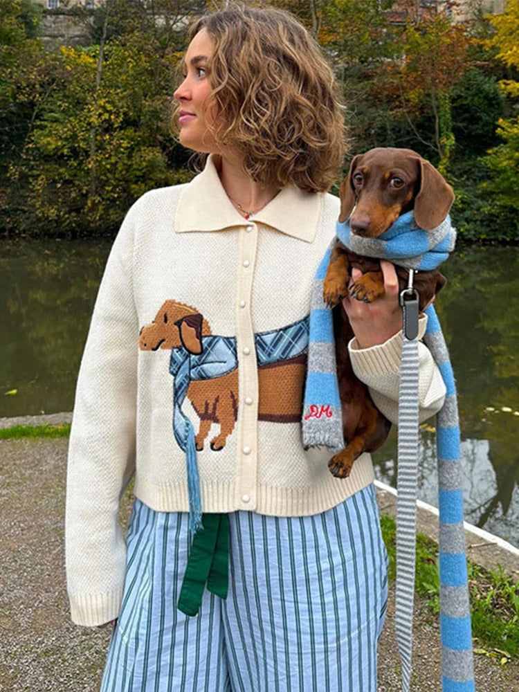 Casual Knitted Printed Dog Cardigan Women Vintage Cute Lapel Single Breasted Short Sweaters Female Autumn Chic Street Knitwear