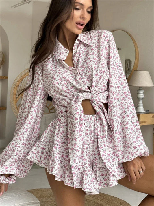 Printed Lace-Up 2 Piece-Set Shorts Outfits Female Lapel Contrast Patchwork Top Cardigan And High Waist Women’s Shorts Sets