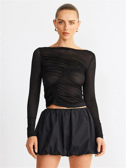 Camiseta de malla transparente de verano para mujer, top plisado de retazos transparente, top corto ajustado, camiseta lisa para mujer, jersey