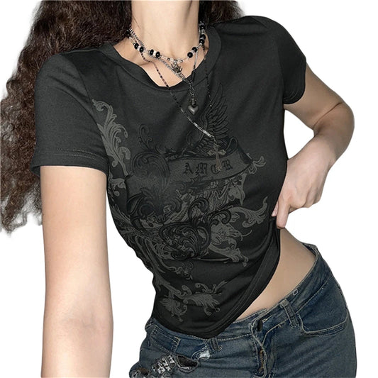 y2k Fairy Grunge Tops Summer Vintage Floral Print Short Sleeve Tshirt 2000s Aesthetic Women Harajuku Tee Streetwear