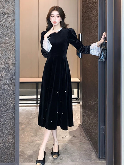 Mujer Primavera Verano Nuevo Elegante Terciopelo Patchwork Midi A Line Vestidos Manga Larga Dama Fiesta Moda Una Pieza Bata