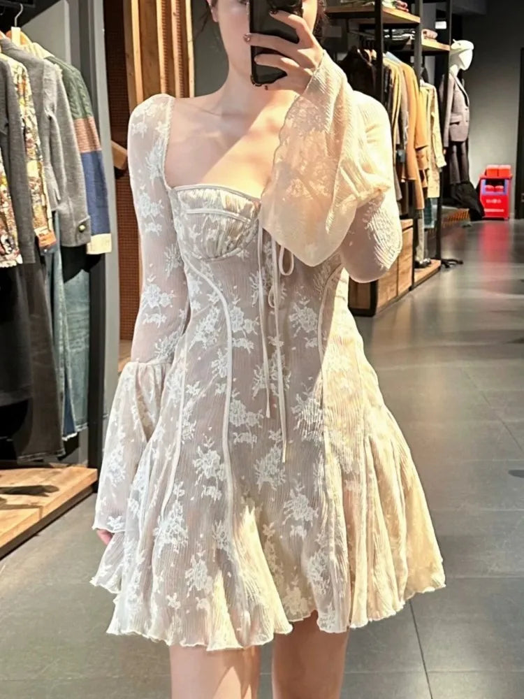 Minivestido de encaje francés sexy para mujer, Y2K, con hombros descubiertos, encaje, volantes, corte en A, otoño, primavera, manga larga, vestido de fiesta, vestidos de graduación