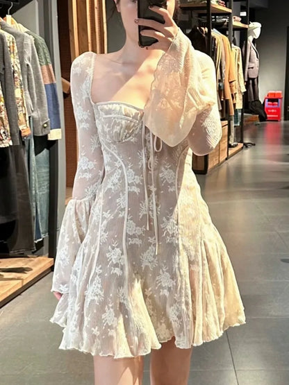 Minivestido de encaje francés sexy para mujer, Y2K, con hombros descubiertos, encaje, volantes, corte en A, otoño, primavera, manga larga, vestido de fiesta, vestidos de graduación