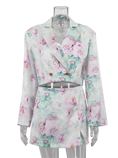 Printed Fashion 2 Piece-Set Skirt Female V-Neck Cropped Top And Mini Skirt Sets Commute Clothes Women’s Contrast Outfits