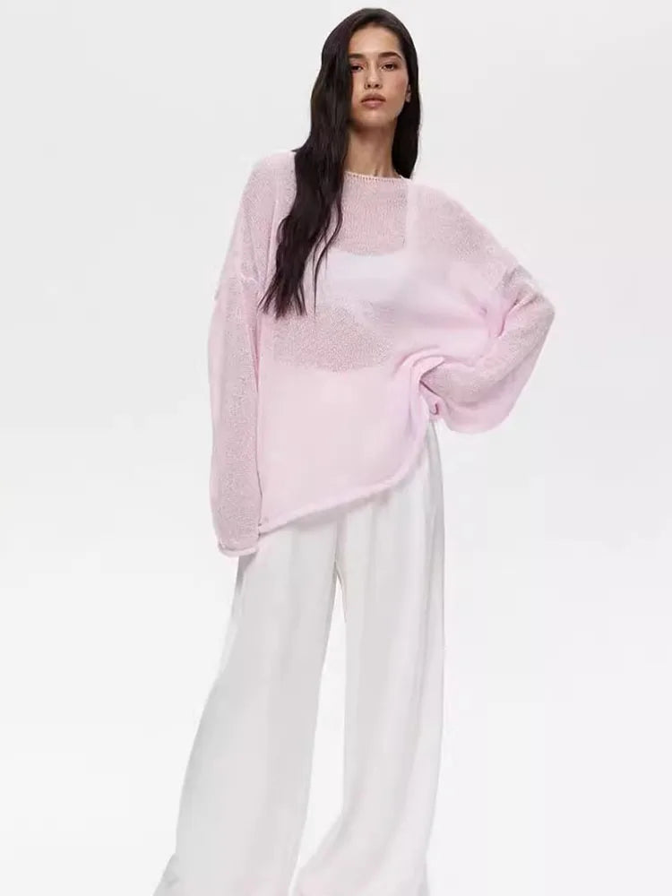 Knitted Hollow Sweater Pullover Women’s Loose Long-Sleeved Fashion Solid Color Round Neck See-Through Street Top Pullover