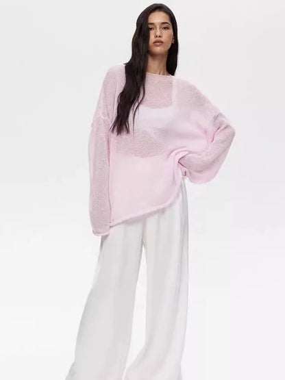 Knitted Hollow Sweater Pullover Women’s Loose Long-Sleeved Fashion Solid Color Round Neck See-Through Street Top Pullover