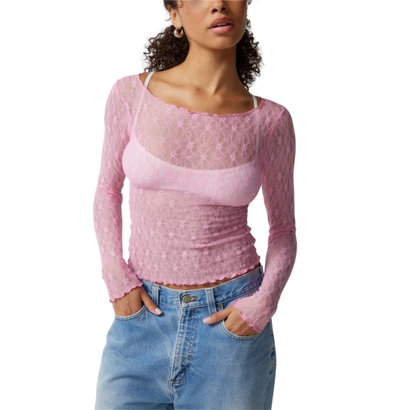 Lace Crop Tops for Women y2k Sheer See Through Round Neck Long Sleeve Ruched T Shirt 2000s Clothing Party Clubwear