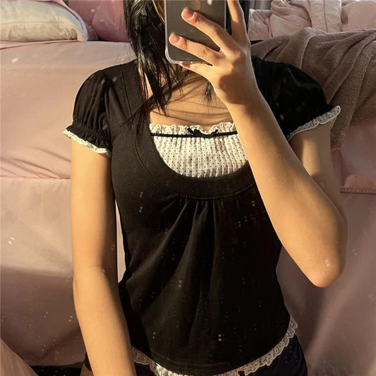 Vintage Polka Dot Print Crop Top Women Kawaii Folds Bow Patchwork Basic y2k T Shirts Korean Style Fairycore Clothes