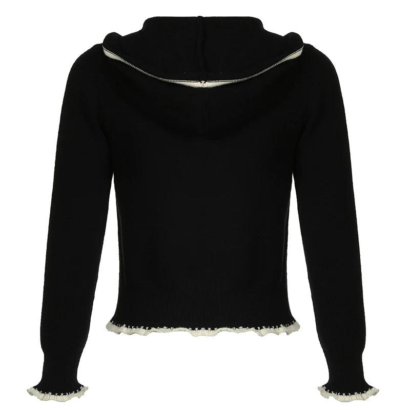 Suéter de punto con ribete de encaje negro para mujer, cárdigan de otoño e invierno, abrigo nuevo, básico, dulce, combinable, a la moda.