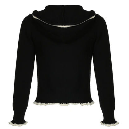 Suéter de punto con ribete de encaje negro para mujer, cárdigan de otoño e invierno, abrigo nuevo, básico, dulce, combinable, a la moda.