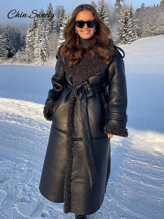 Fashion Lamb Wool PU Leather Long Jacket Women With Belt Patchwork Lapel Pocket Oversize Overcoat  Winter Warm Thick Outwear