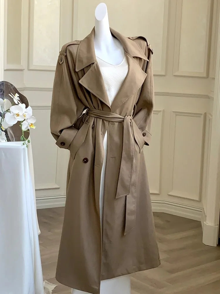 Autumn British Style Long Trench Women Lapel Double Breasted Coat with Belt Korean Fashion Windbreaker Outerwear Casual Jackets