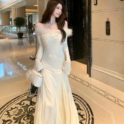 Autumn Winter New Knitted Dresses for Women Slash Neck Flare Sleeve Lace Patchwork Slim Mermaid Korean Fashion Vestidos Mujer