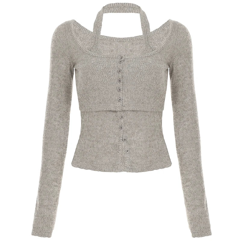 Conjunto de 2 piezas de moda para mujer, camiseta con cuello halter, mangas largas, estilo coreano, blusas sencillas para oficina, combinables con todo.