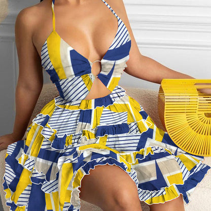 Vestido corto femenino de verano con cuello halter y estampado, minivestido sexy con escote en V profundo, espalda descubierta y abertura para playa