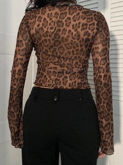 Blusa con estampado de leopardo y cordones para mujer, de malla semitransparente, elegante, a la moda, sexy, con mangas acampanadas y volantes