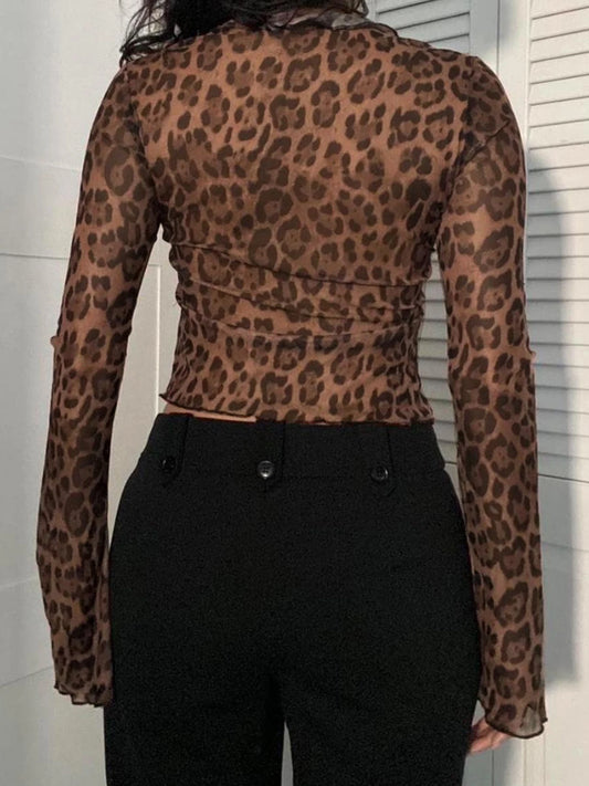 Blusa con estampado de leopardo y cordones para mujer, de malla semitransparente, elegante, a la moda, sexy, con mangas acampanadas y volantes
