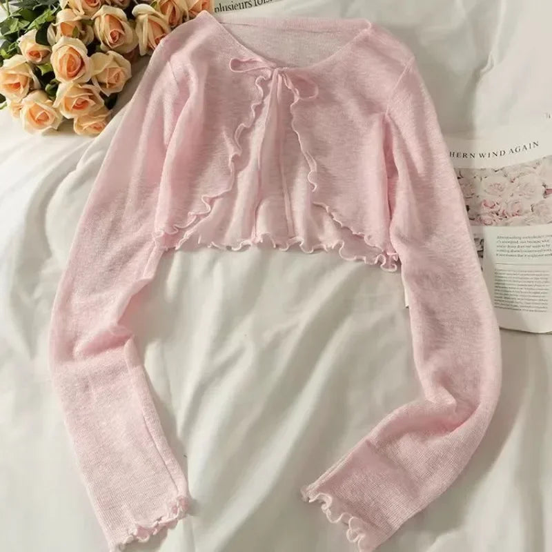Suéter fino de verano para mujer, cárdigan de punto con encaje y manga larga, prendas de vestir exteriores para mujer