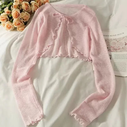 Suéter fino de verano para mujer, cárdigan de punto con encaje y manga larga, prendas de vestir exteriores para mujer