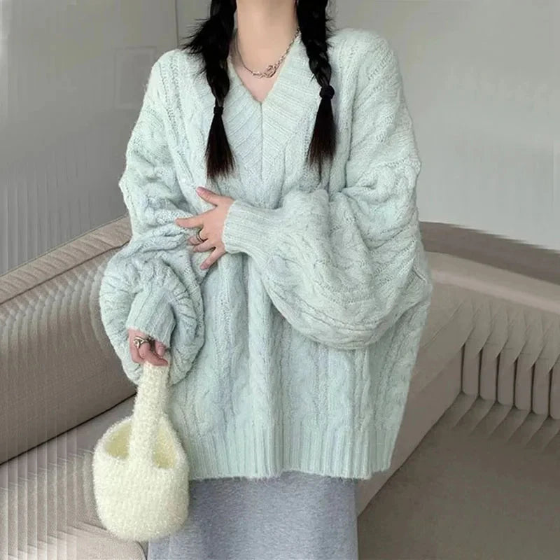 Suéter de otoño e invierno para mujer, estilo Harajuku, de punto de gran tamaño, estilo coreano, de manga larga y cuello en V, de punto, liso, holgado.