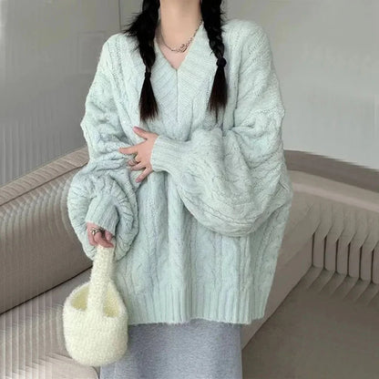 Suéter de otoño e invierno para mujer, estilo Harajuku, de punto de gran tamaño, estilo coreano, de manga larga y cuello en V, de punto, liso, holgado.