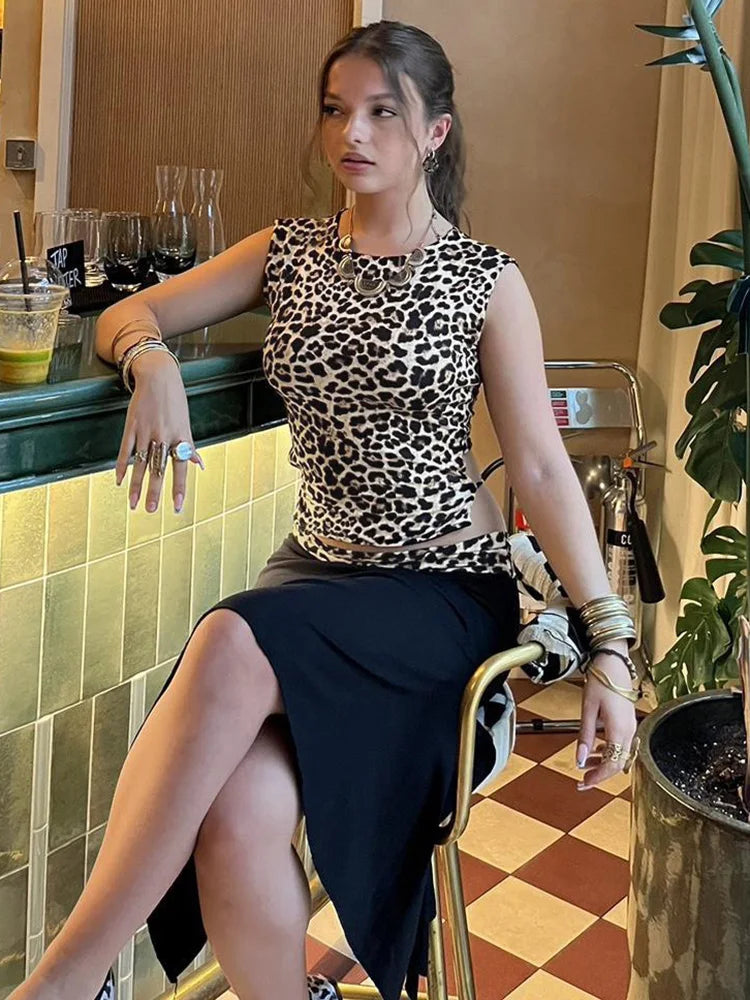 Fashion Double Wear Skirt Suit Female Leopard Print Lace Up Sleeveless Vest Irregular Splice Skirt Two Pieces Set Women’s