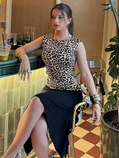 Fashion Double Wear Skirt Suit Female Leopard Print Lace Up Sleeveless Vest Irregular Splice Skirt Two Pieces Set Women’s