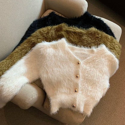 Cárdigan de punto de mohair recortado vintage para mujer, suéter con cuello en V, abrigo, ropa de calle coreana, prendas de punto en blanco y negro, jerséis ajustados sólidos, nuevo