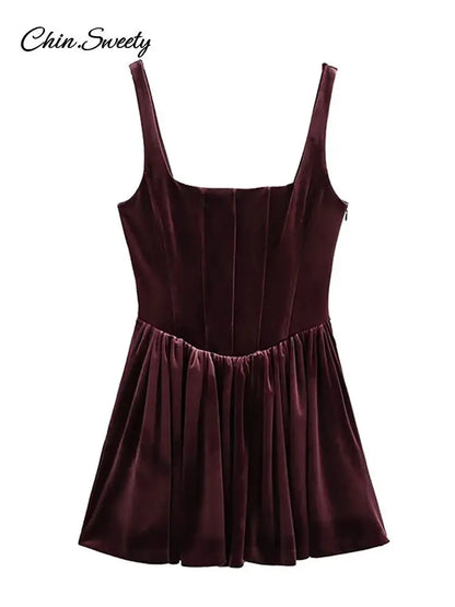Vestido mini de terciopelo con tirantes para mujer, cuello cuadrado, sin mangas, espalda descubierta, corte en A, con cremallera, elegante, para fiesta