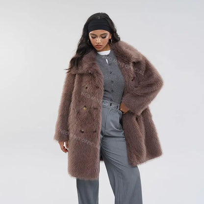 Abrigo de piel sintética largo y esponjoso con cinturón de marca de lujo para mujer, chaqueta gruesa y cálida con solapa y cuello de piel de zorro para invierno