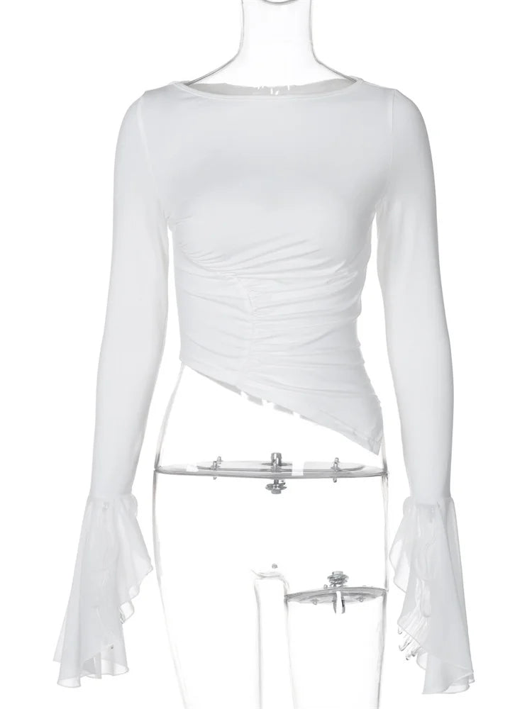 White Mesh Cropped Top Pullover For Women Patchwork Long Sleeve Skinny Irregular Ruched Fashion T-Shirts Women’s Y2k Top