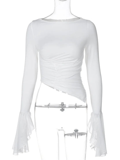 White Mesh Cropped Top Pullover For Women Patchwork Long Sleeve Skinny Irregular Ruched Fashion T-Shirts Women’s Y2k Top