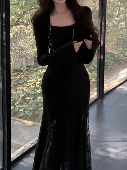 New Spring Summer Vintage Bodycon Solid Chic Women Black Dress Elegant Slim Lace Patchwork Party Prom Vestidos Female Clothes