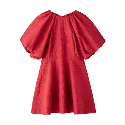 Minivestido retro con cordones en la espalda lisa para mujer, elegante, holgado, de manga corta abullonada, con cuello redondo, para fiesta navideña, ropa de calle