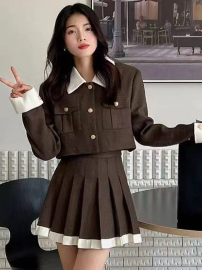 Conjuntos de falda elegante coreana de dos piezas con patchwork, mangas largas, top corto, cintura alta, minifalda plisada, otoño invierno Y2K, nuevos conjuntos