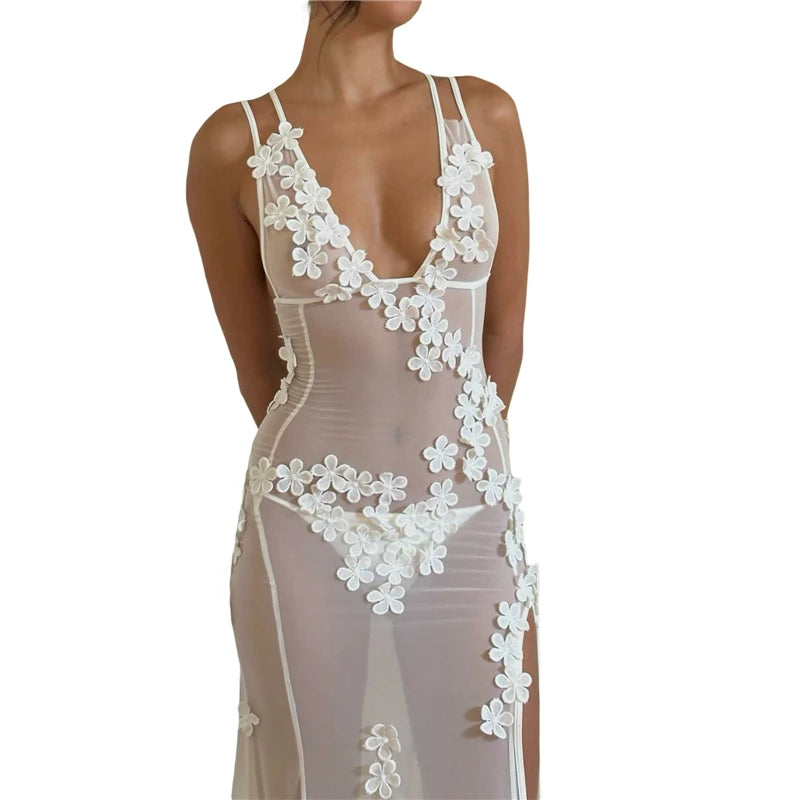 Sexy Dress for Women White Sheer See Through V Neck Sleeveless Bodycon Long Dresses 3D Flower Party Dresses Clubwear