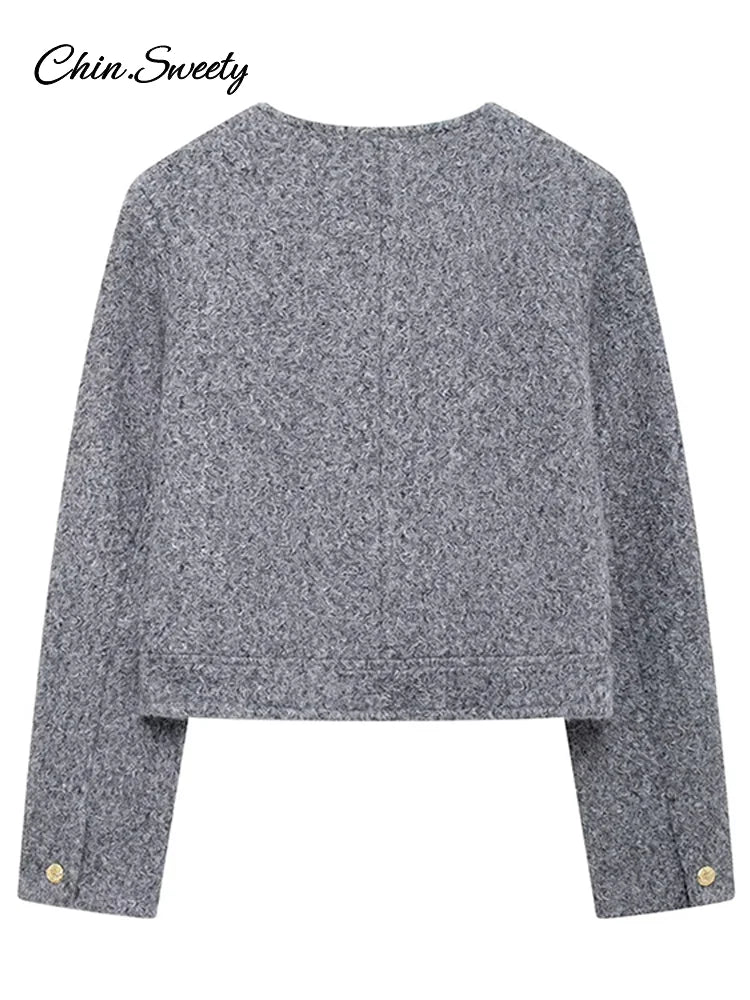 Elegant Woolen Blends Coat For Women O-neck Metal Button Gray Long Sleeve Pockets Jackets  Autumn Lady High Street Outwear