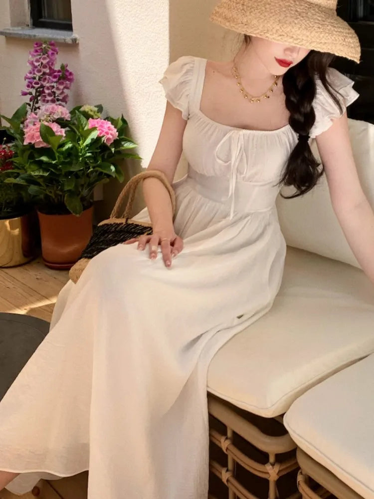 Elegante vestido midi vintage para mujer, novedad de verano, cuello cuadrado, cintura alta, vestido de fiesta de princesa, vestido informal de corte A para mujer