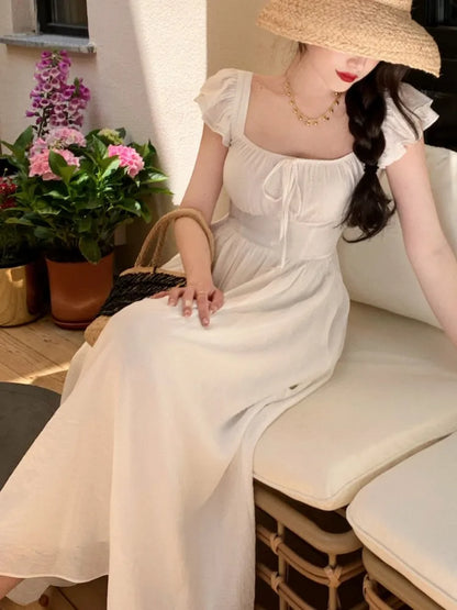 Elegante vestido midi vintage para mujer, novedad de verano, cuello cuadrado, cintura alta, vestido de fiesta de princesa, vestido informal de corte A para mujer