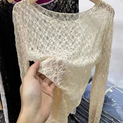 Camisetas de cuello alto y malla de encaje para mujer, camisetas de manga larga para otoño, estilo informal, ajustadas y finas, ropa para mujer