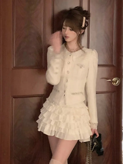French Vintage 2-piece Set Tweed Lace Patchwork Single Breasted Coat Ruffles Cake Mini Skirt Korean Fashion Autumn Outfits New