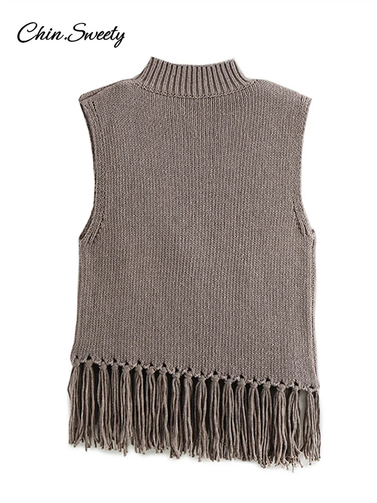 Chaleco de punto con borlas de calle para mujer, suéter de cuello medio alto, sin mangas, ajustado, camiseta sin mangas para mujer, primavera 2025, ropa de abrigo suave para mujer