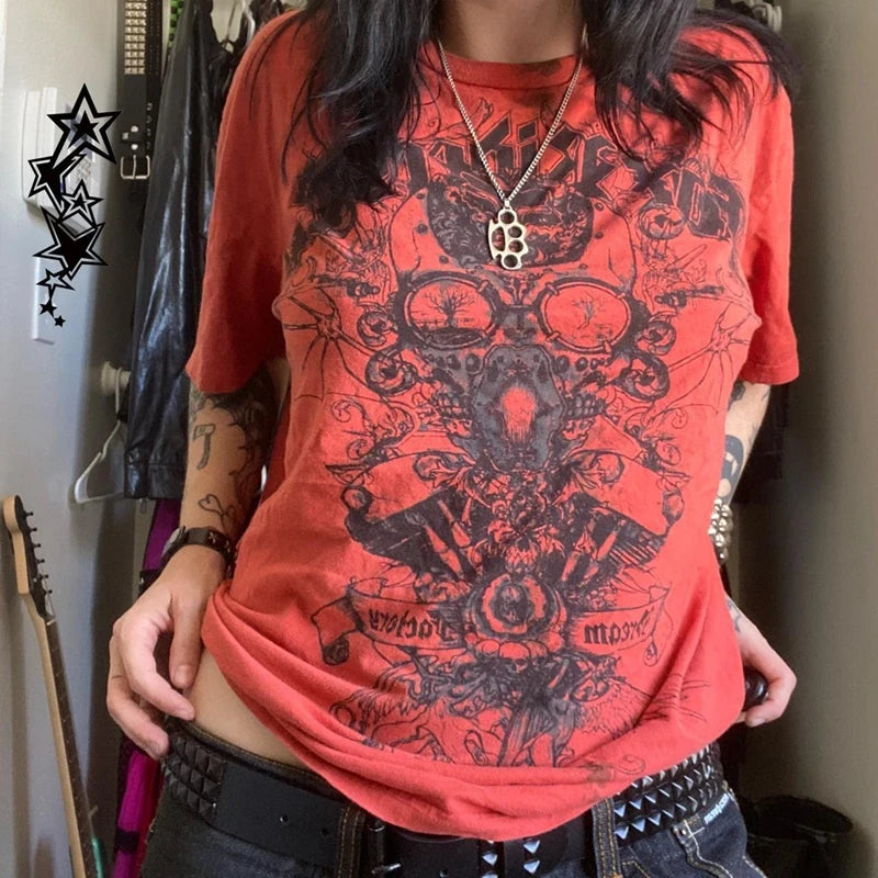 Camiseta cibergótica grunge Y2K con gráfico de calavera vintage, top corto de manga corta, camiseta skater retro japonesa kawaii de los años 00, ropa de calle para mujer