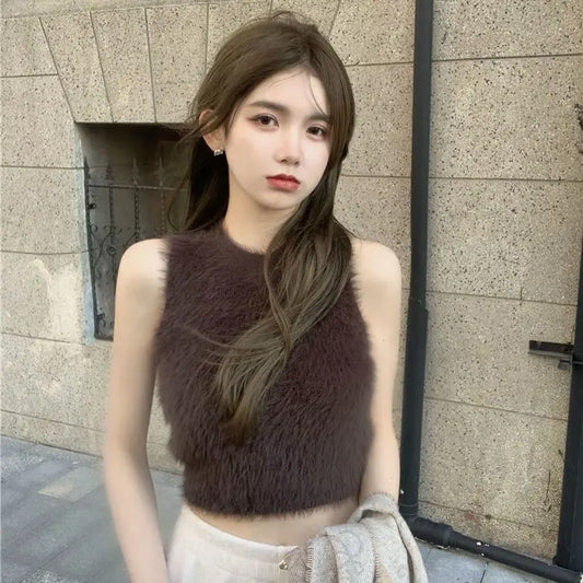 Sexy Faux Fur Crop Tops Women Vintage Y2k Clothes Knitted Tank Top Sleeveless Club Party Outfits Korean Fashion New