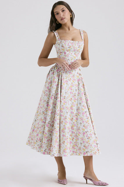 Vestidos de tirantes finos con estampado de flores para mujer, moda sexy, espalda descubierta, corte bajo, pliegues, estilo vacacional, vestido midi ajustado, vestidos femeninos