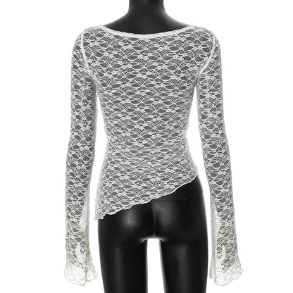 Camiseta de encaje transparente sexy para mujer, camisetas asimétricas de manga larga transparentes, tops cortos de malla floral para mujer, moda