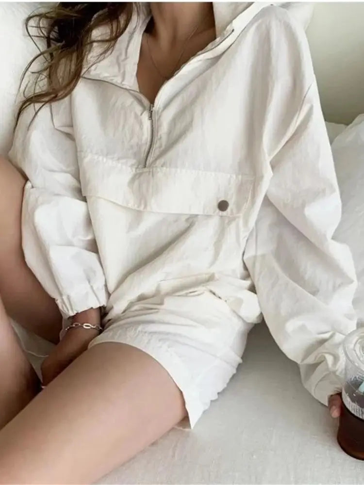 New Summer Women’s Suit 2 Pieces Set Hooded Long Sleeve Hoodies and Shorts Female Sporty Chic Casual Solid Tracksuit